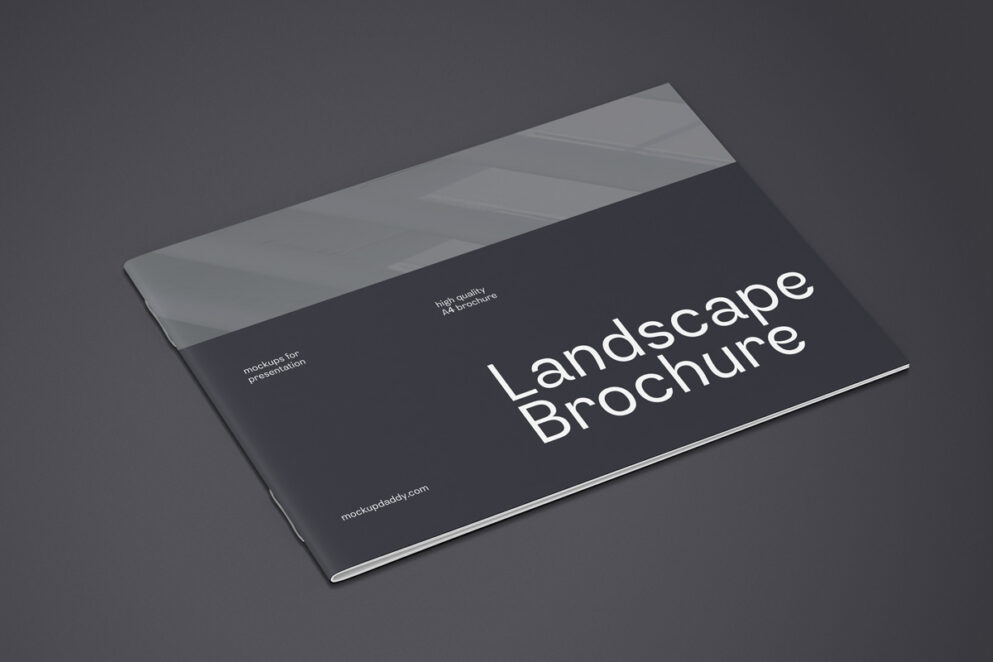 Open A4 landscape brochure mockup with a folded edge and a shadow on a white background.