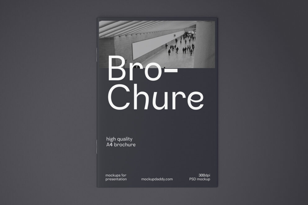 Open A4 tri-fold brochure mockup with a geometric design