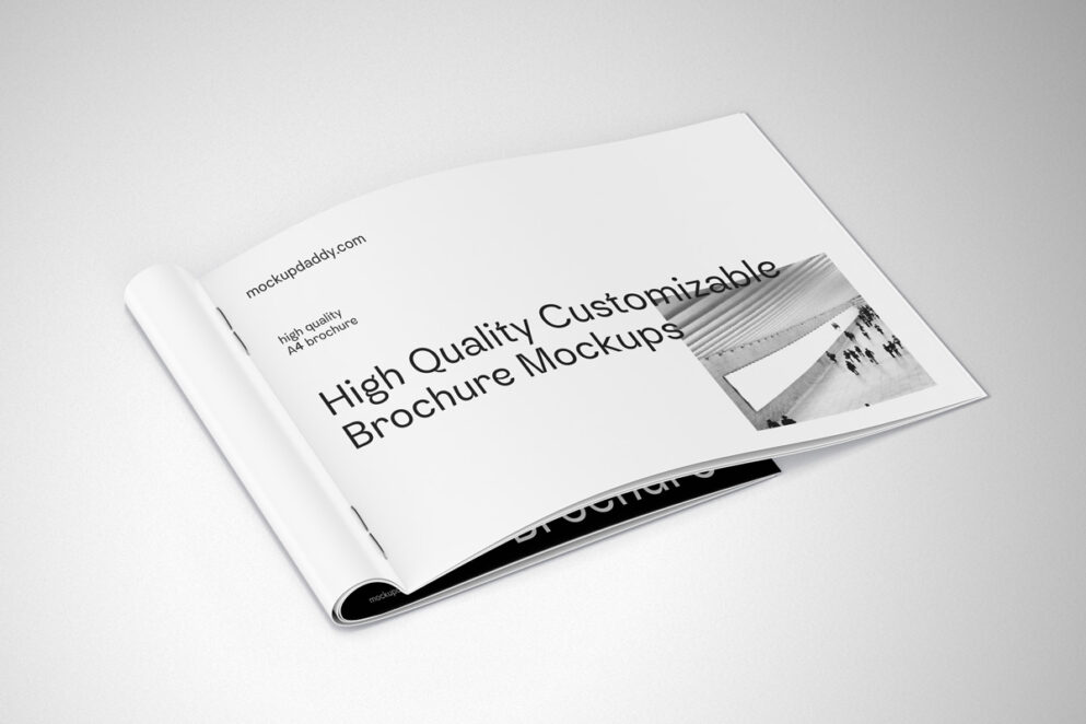 Open A4 landscape brochure mockup with a blue and green gradient background.