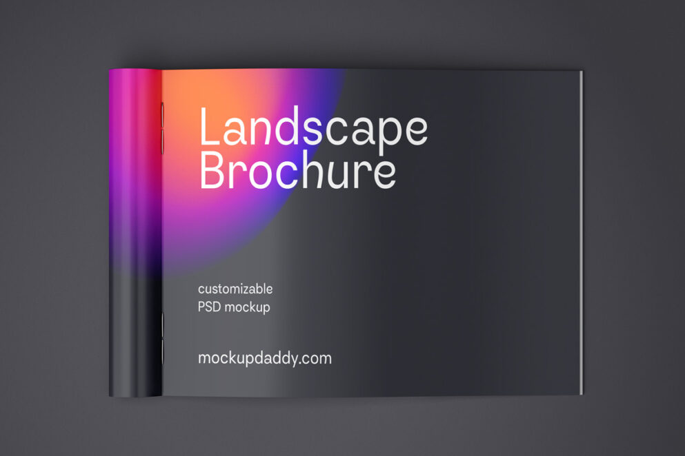 Open A4 landscape brochure mockup with a colorful splash design on a white background