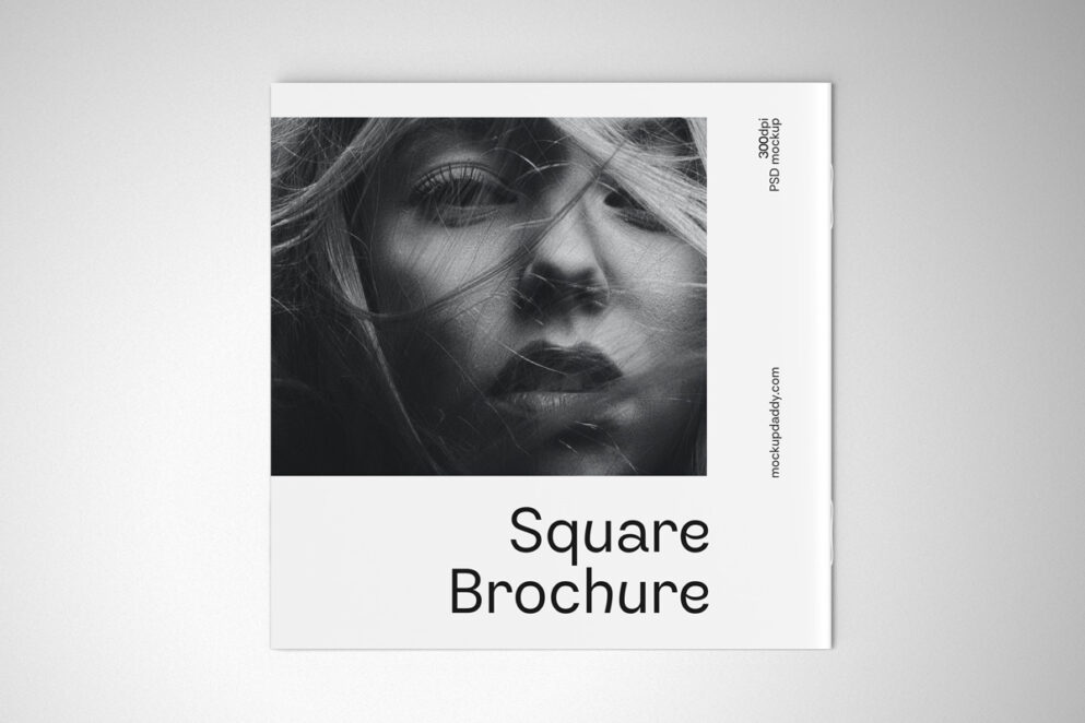 Open square brochure mockup with a customizable design on a white background