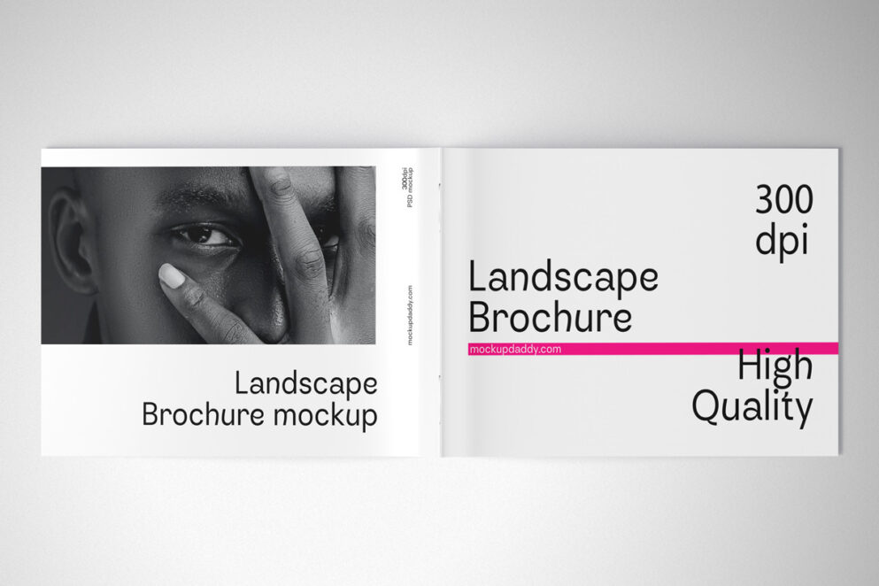 3D mockups of landscape brochures in different styles and colors.