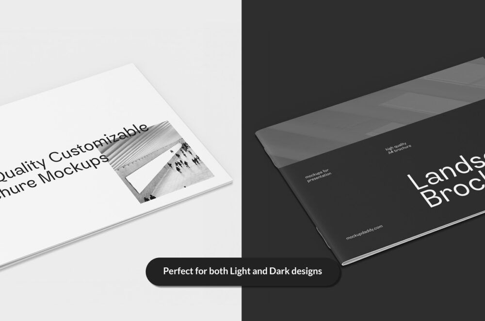 Landscape brochure mockup, dark and light themes