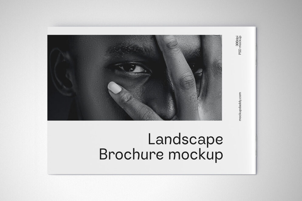 Landscape brochure mockup with a colorful geometric design on a blue background