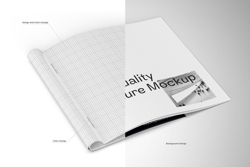 3D render of a square brochure mockup with a blue cover and customizable pages
