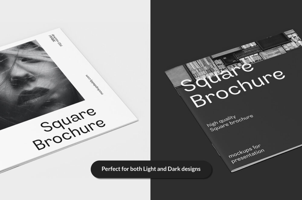 Open square brochure mockup with a folded edge and a shadow