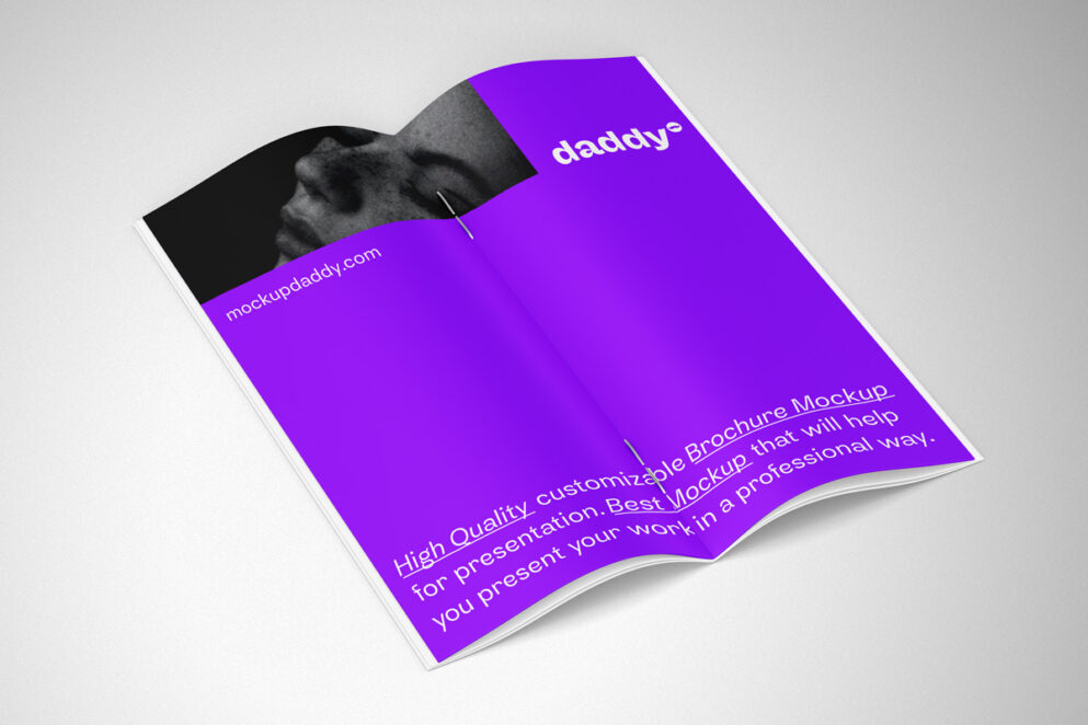 Purple vertical brochure mockup on white background
