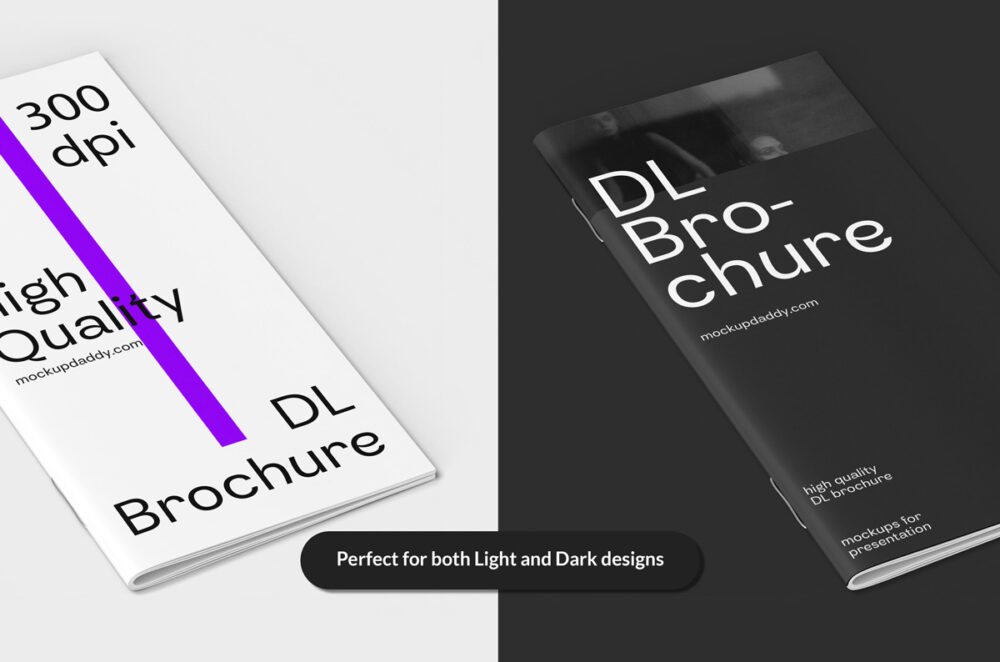 Vertical brochure mockups in dark and light themes