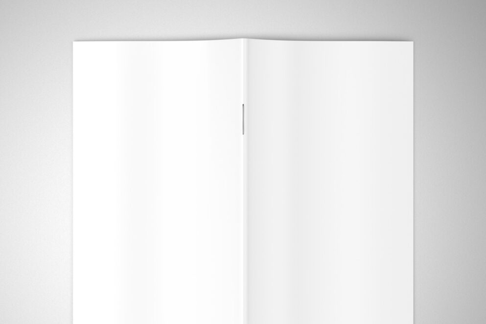 Vertical brochure mockup, open on white background