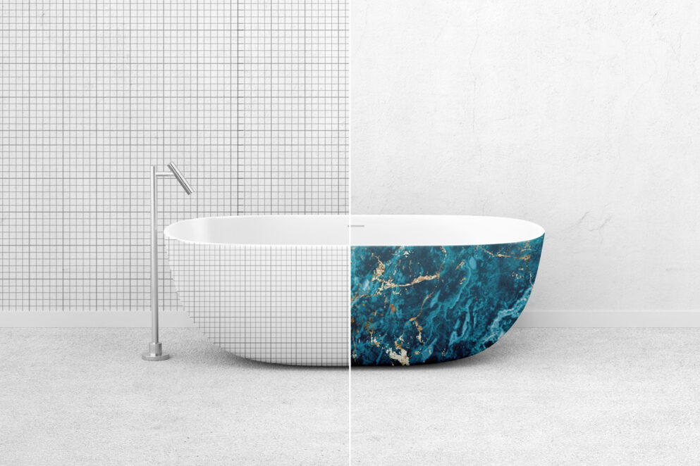 Digital mockup of a bathtub with a blue and gold marble pattern

