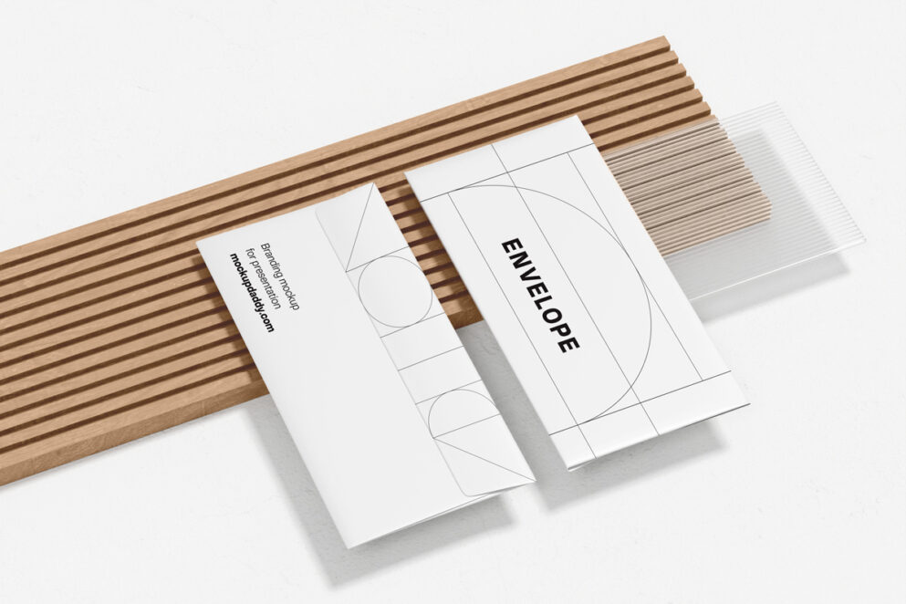 Isometric mockup of two envelopes with branding elements.