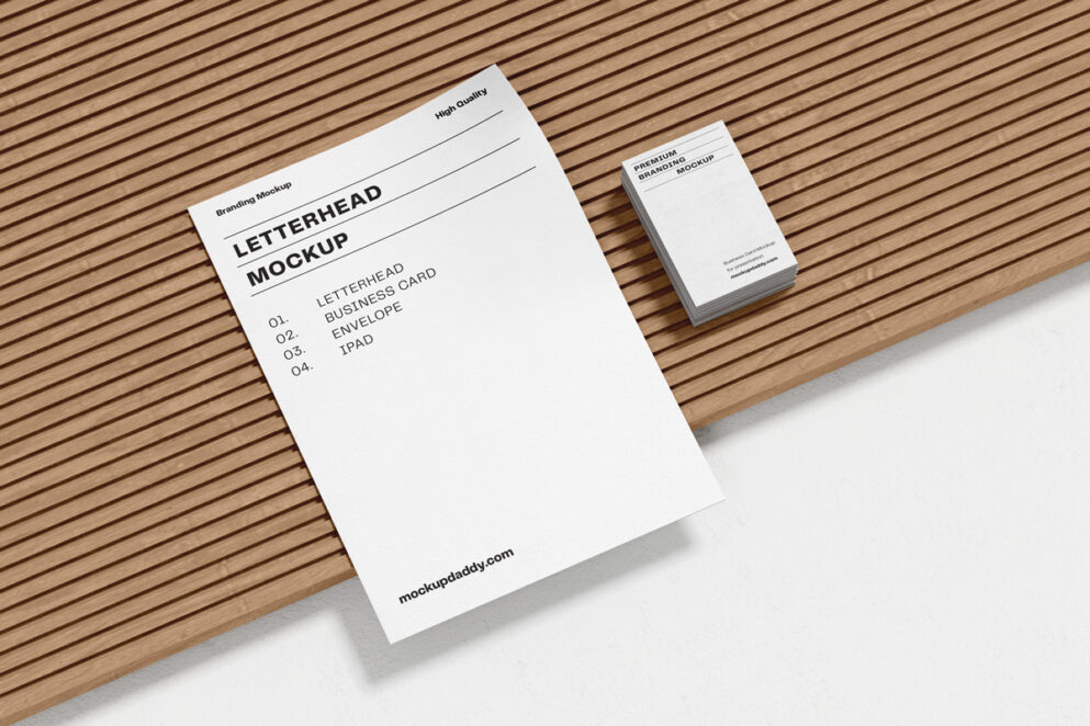 Set of branding mockups: letterhead, business card, envelope, and box.