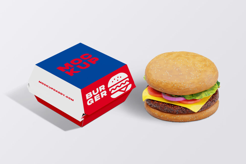 Hamburger and a blue burger box with a red stripe

