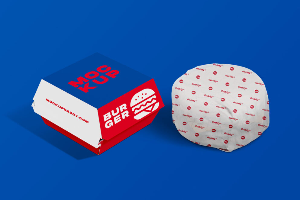 Burger wrapper and a blue burger box mockup with a red stripe

