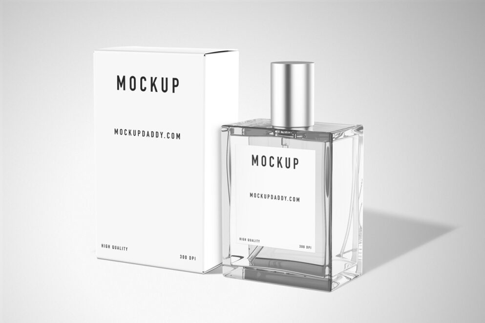 Transparent perfume bottle with white packaging mockup