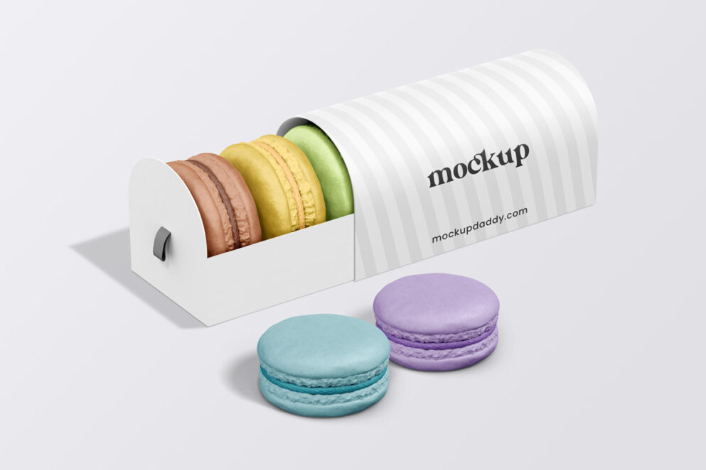 Digital mockup of a box containing colorful macarons

