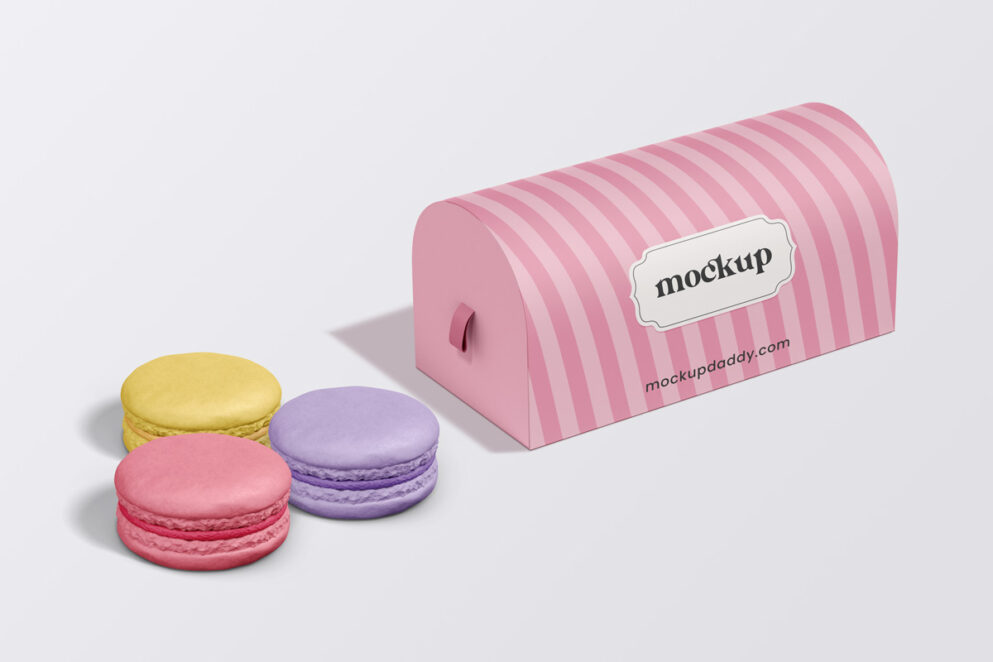 Pink strip box with pink, yellow and purple macarons Mockup