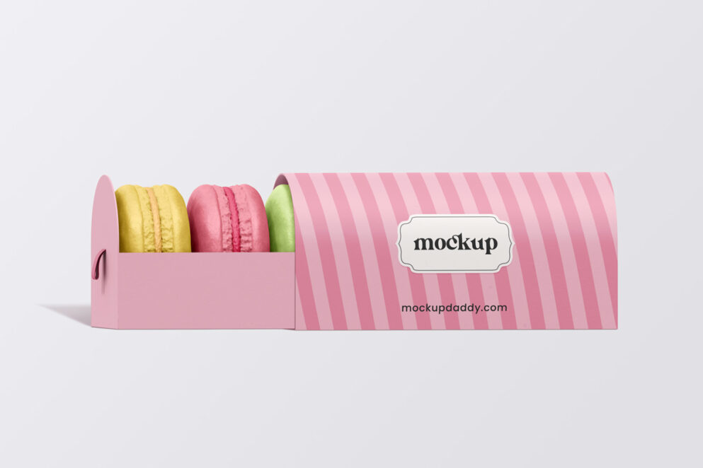 Pink striped box mockup with three macarons

