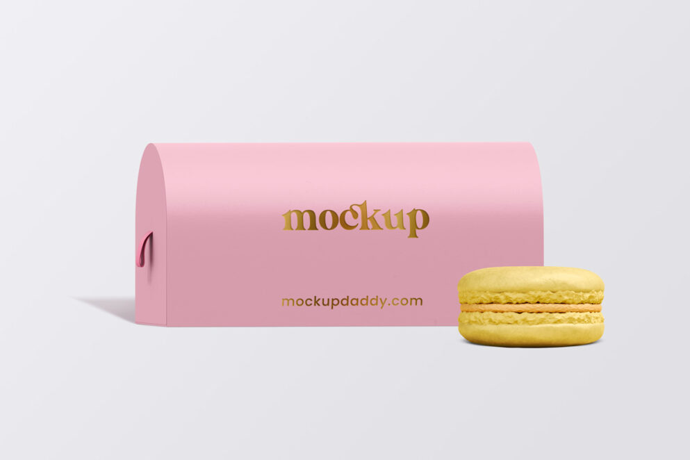  yellow Macarons with pink Box Mockup on a white background
