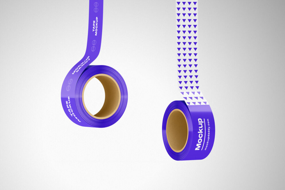 Two rolls of purple duct tape mockup hanging from a string