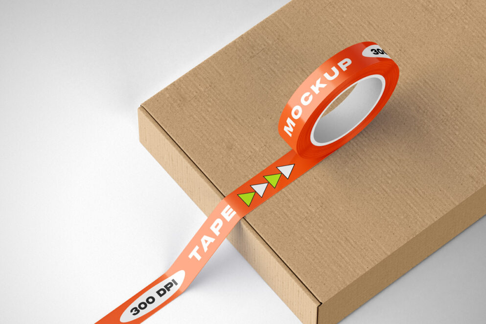 Orange packaging tape mockup on a cardboard box