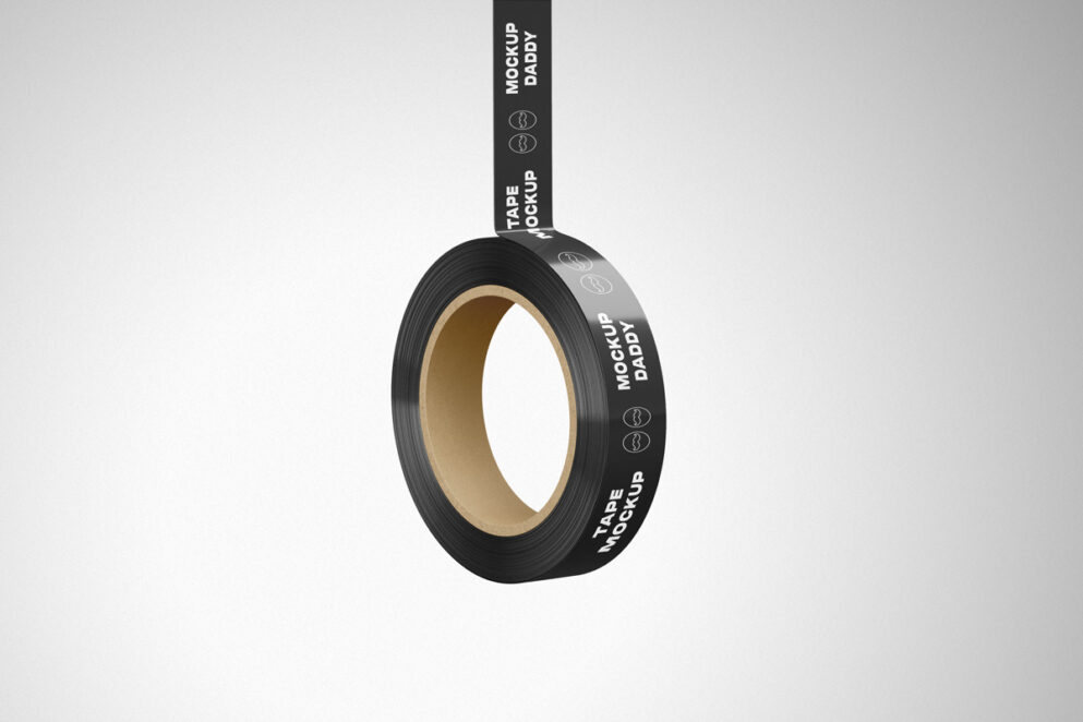 Black roll of packaging tape hanging from a string