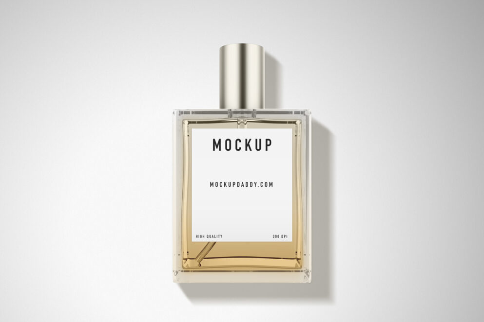 Mockup of a transparent perfume bottle with a sliver cap