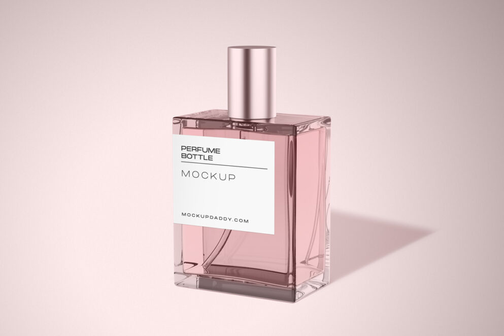 Mockup of a pink glass perfume bottle with a close pink cap 