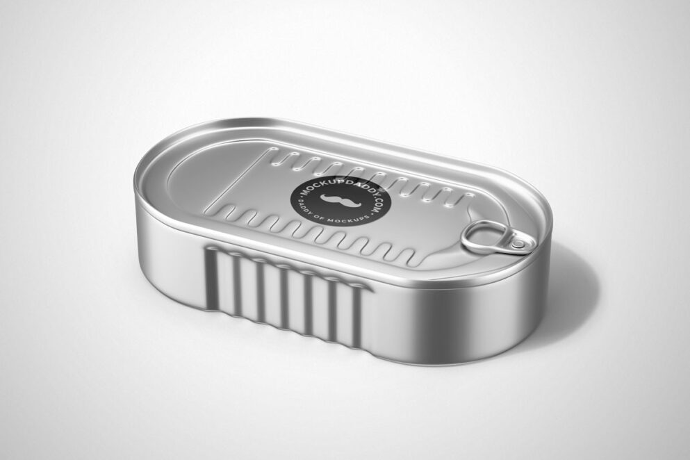 Silver metal sardine tin on white background 