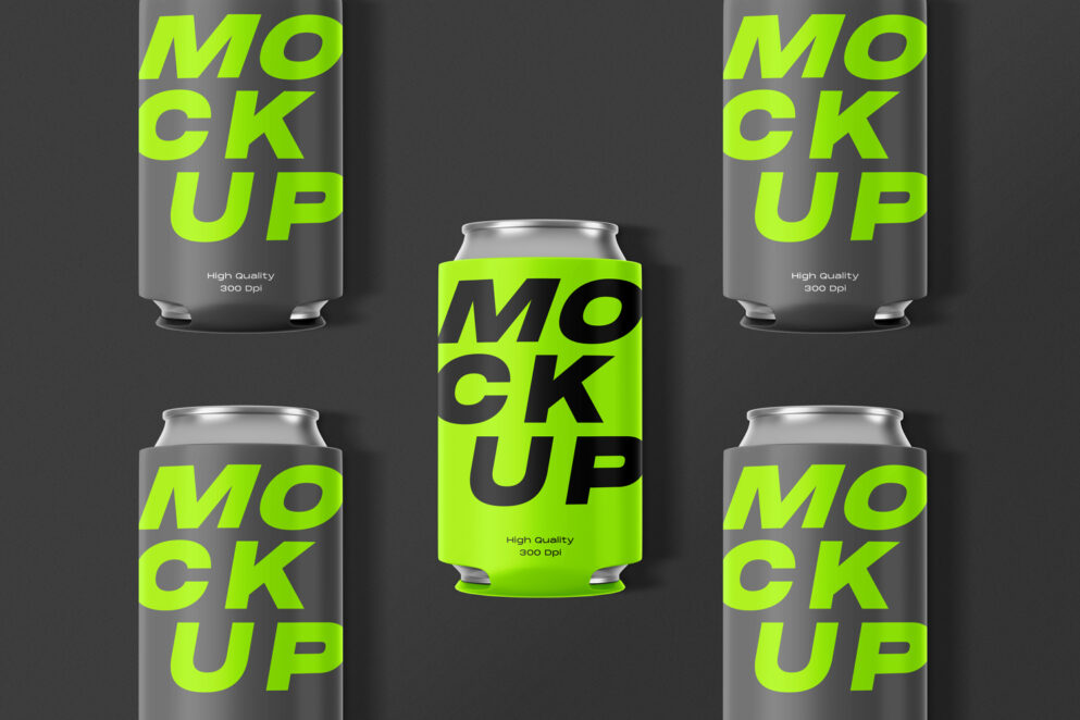 Mockup of multiple beverage cans with water droplets
