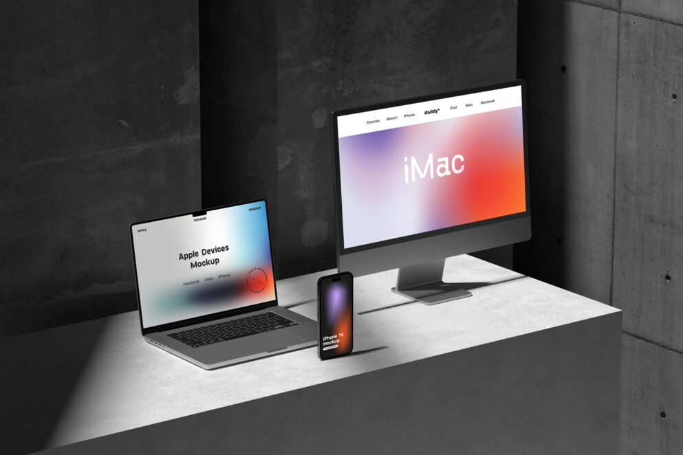 iMac, Macbook and iPhoe Mockup Scene