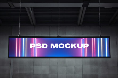 A close up large sign mockup hanging from ceiling