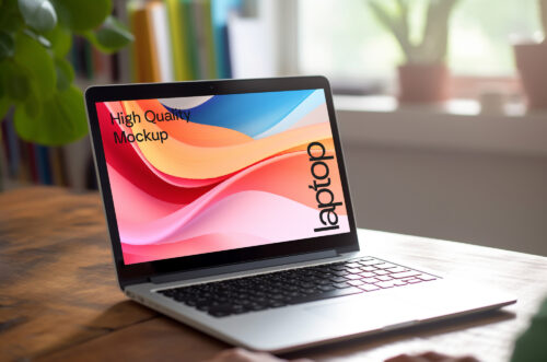 Free Download Apple Macbook Pro mockup on wooden desk-MD