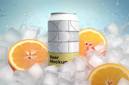 Beer can mockup surrounded by ice and orange slices-