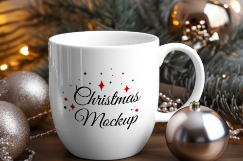 Christmas mug mockup on wooden table