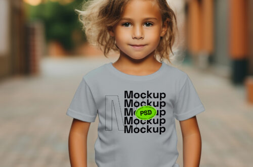 Close-up little girl wearing t-shirt mockup blur background-