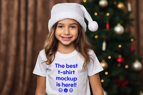 Close-up smiling girl wearing christmas t-shirt mockup front view-