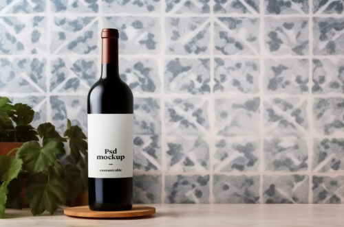 Close-up wine bottle label mockup with plant-