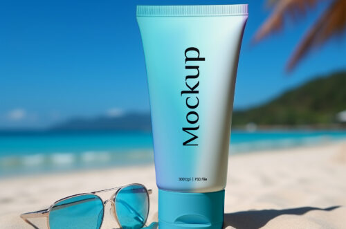 Cosmetic tube mockup on beach