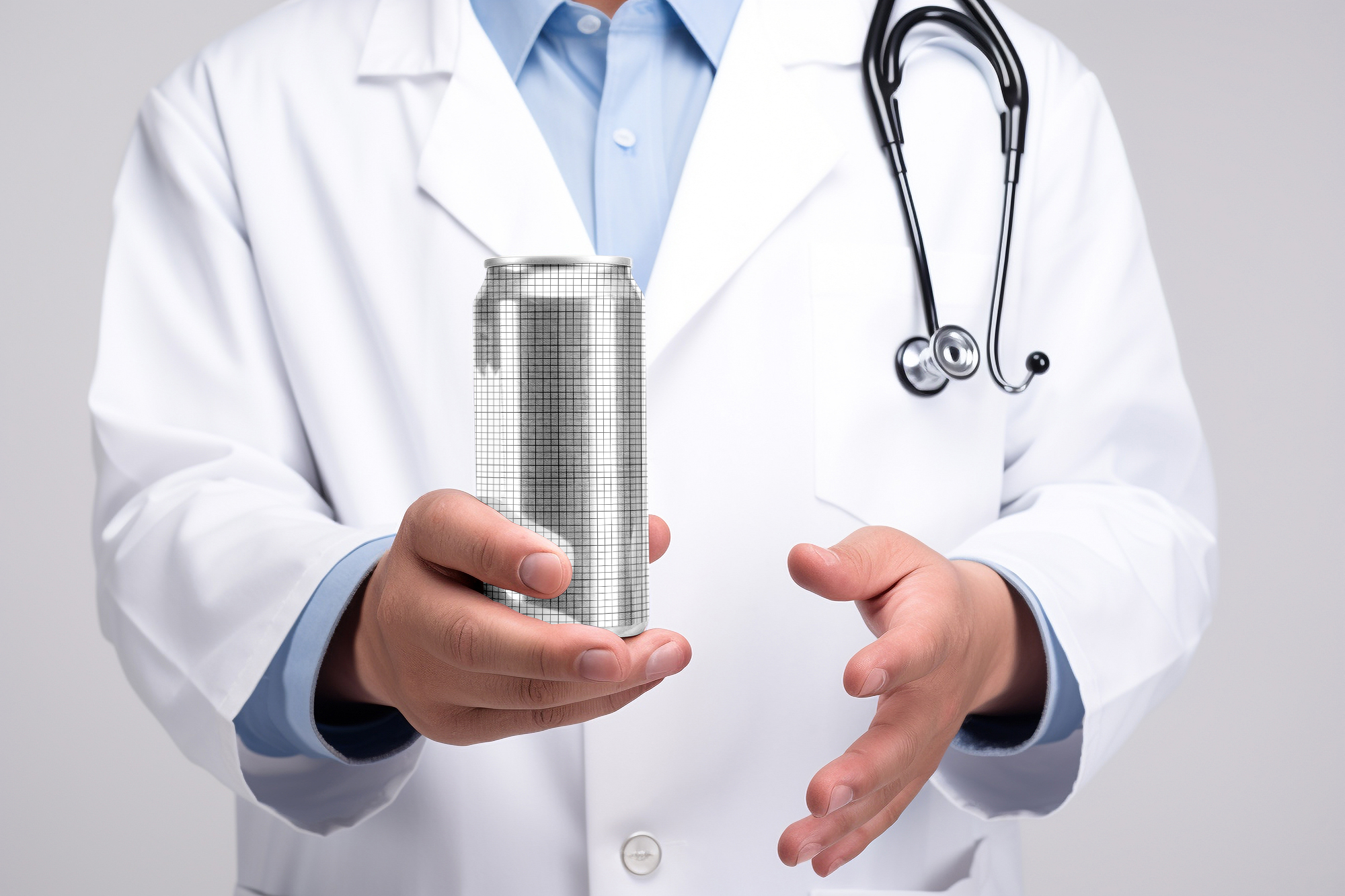  Free Download Doctor holding soda can mockup front view grid