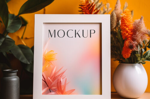 Frame mockup front view with vase-