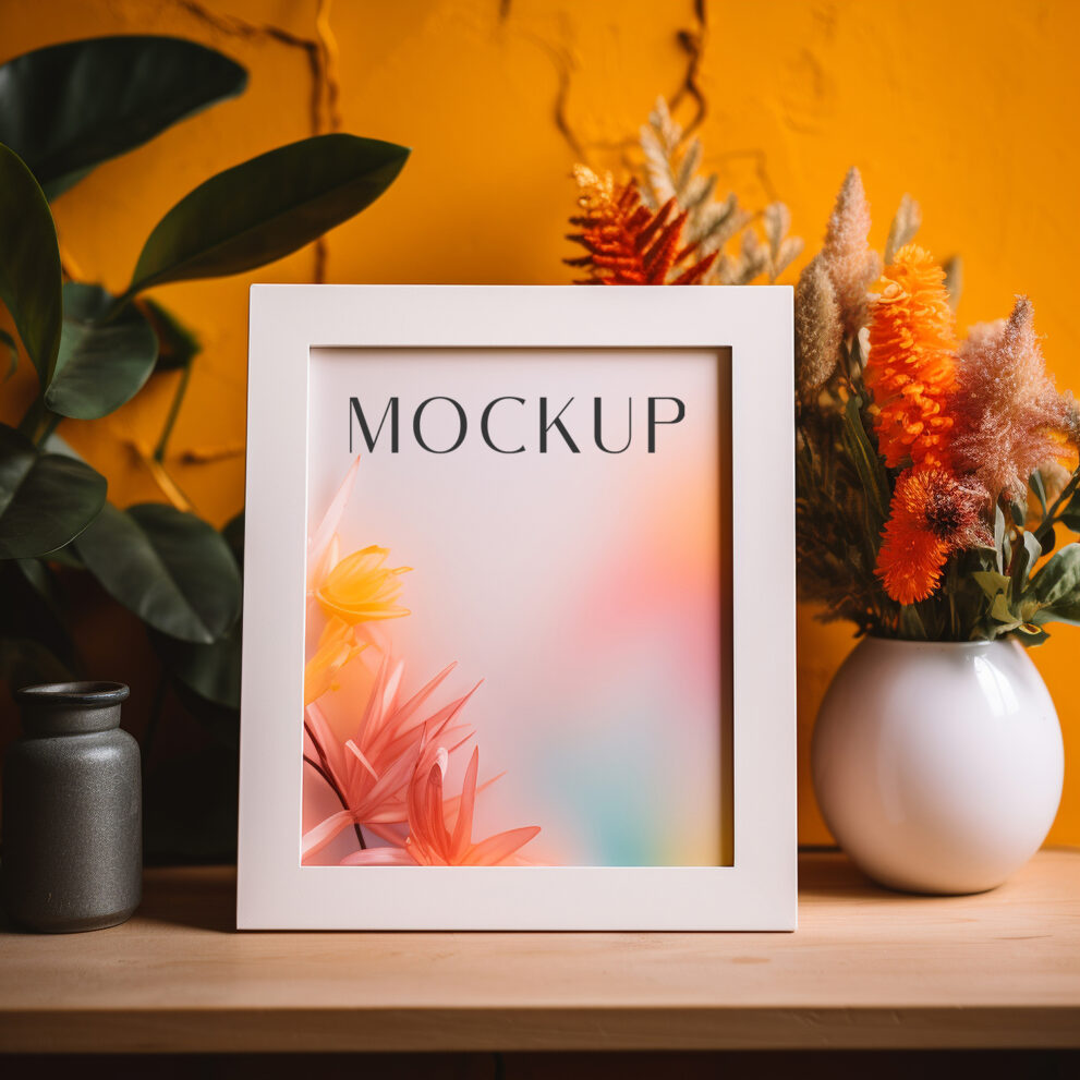 Frame mockup front view with vase-