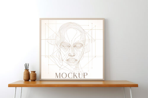 Frame mockup on wooden table front view
