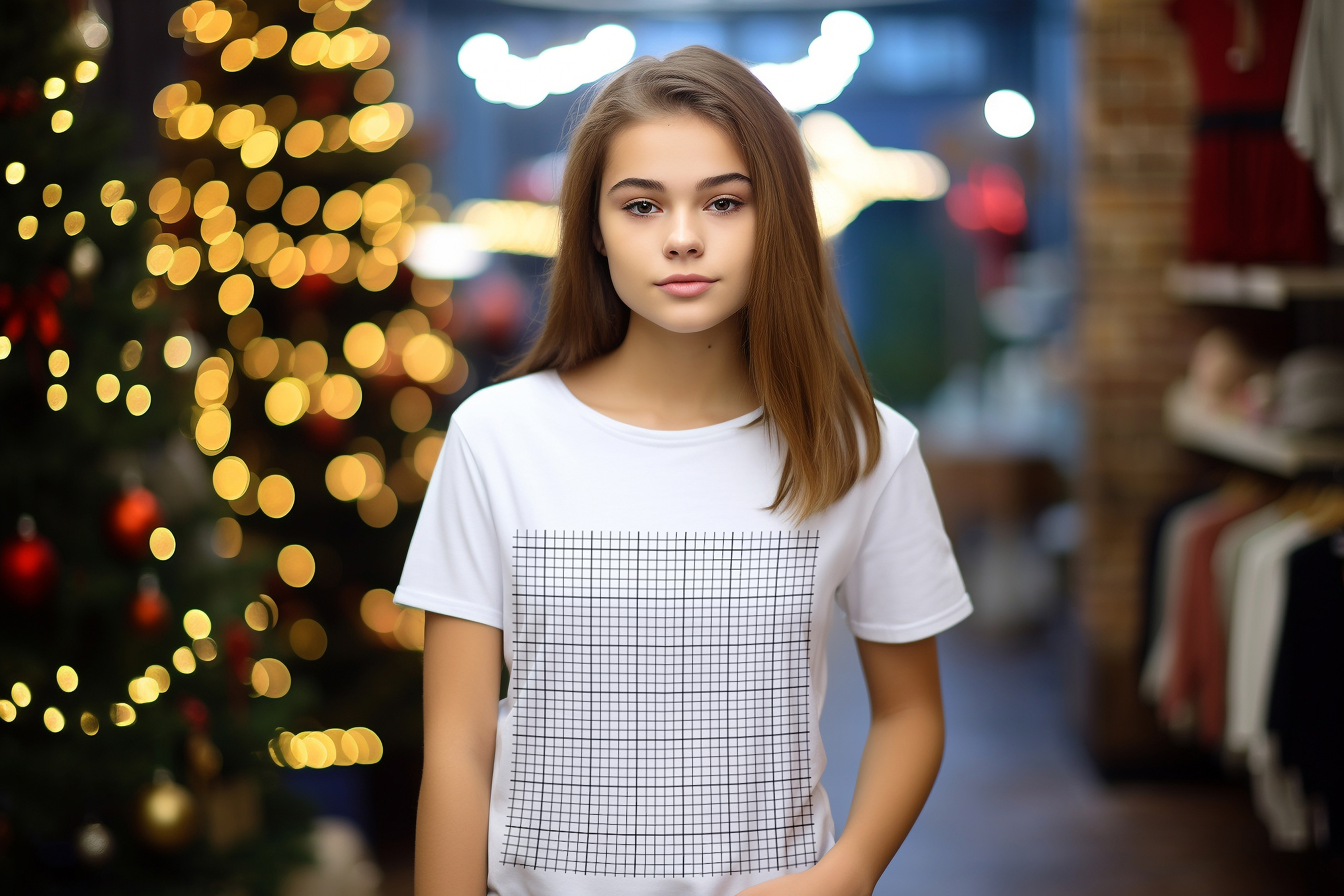 Free Download Girl Wearing T-shirt Mockup Against Christmas Tree grid