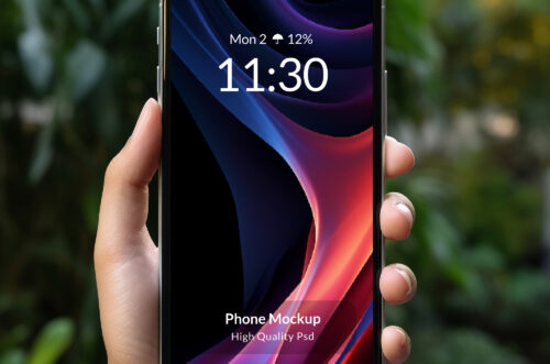 Hand shows mobile smartphone in vertical position and blurred background