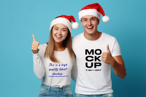 Happy couple wearing t-shirt mockup with santa cap and showing thumbs up