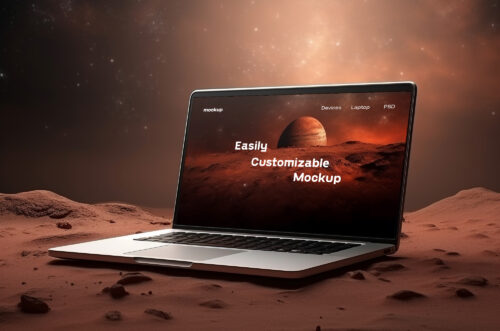 Laptop mockup on planet surface in space-