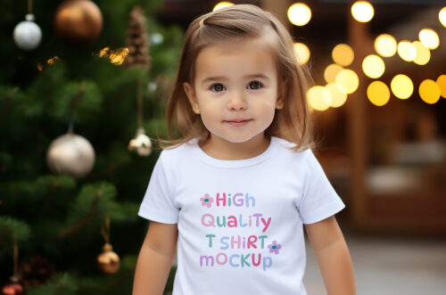 Little girl wearing Christmas t-shirt mocku