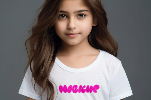 Little girl with long hair wearing t-shirt mockup-
