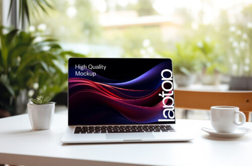 MacBook Mockup on desk with blur background